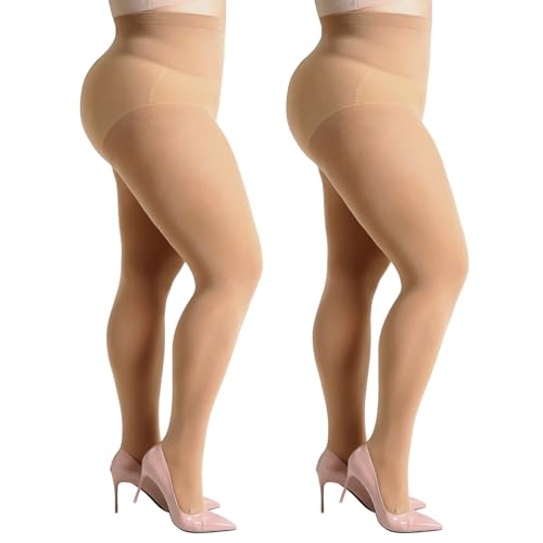 Image of MANZI Women's 2 Pairs Control Top Pantyhose High Waist Plus Size Tights Ultra-Soft