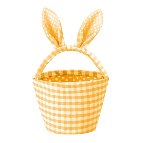 Luckywaqng 1 pieza Easter Bunny Basket Bags With Cute Ears Plaid Bucket Storage for Easter Egg Hunts Decorations Candy Storage Kinderrucksäcke Junge (Yellow, One Size)