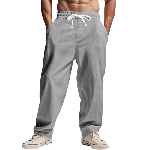 Mens Linen Pants Casual Summer Beach Pants Straight-Legs Elastic Waist Drawstring Lightweight Trousers with Pockets
