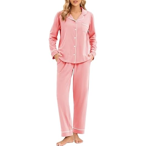 LUBOT 100% Cotton Pajamas for Women PJ Set Soft Long Sleeve Button-Down Shirt Two-piece Set Warm Sleepwear Loungewear Night Suit (Pink, M) Cover
