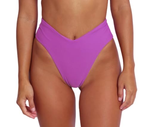 Purple High Waisted Bikini Bottoms for Women Brazilian Cut High Leg Thong Bathing Suit Bottoms M