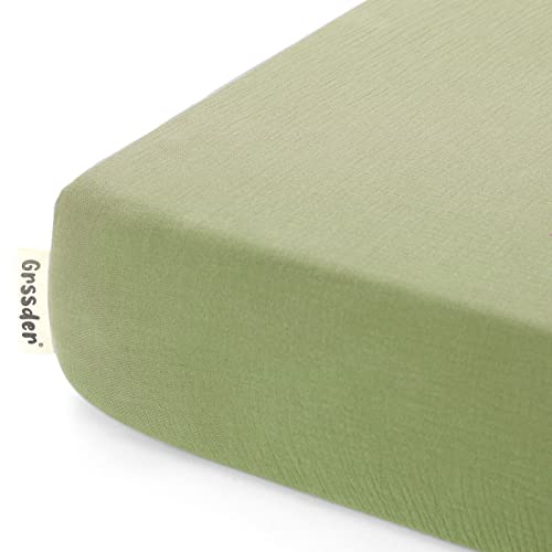 Image of GRSSDER Soft Muslin Crib Sheet 1 Pack, 100% Cotton Crib Sheets with Deep Pocket for Boys and Girls, Fit Standard Crib Mattresses 52 inch x 28 inch Safe and Snug, Olive Green