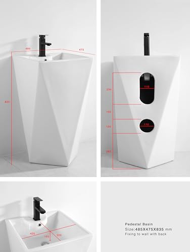 Image of B Backline Ceramic One Piece Pedestal Wash Basin Free Standing Diamond Cut Basin For Livingroom & Bathroom 48 X 48 X 83 CM - 10 Years Glaze Warranty (White Glossy)