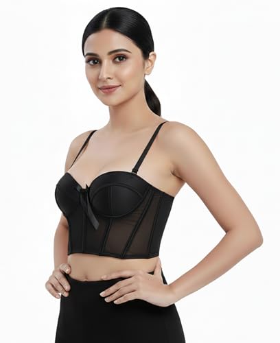 Image of Fashiol Women's Lightly Padded Wired Stylish Mesh Designed Pushup Bra Detachable Straps Corset Bralette | 32 Till 38