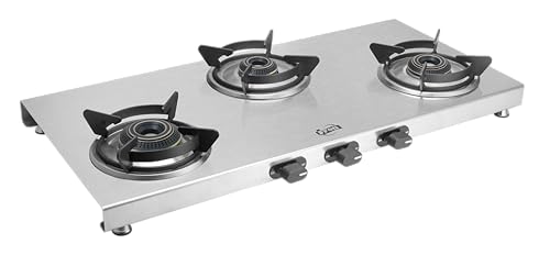 Image of Jyoti Enduro Gas Stove 3 Burner Stainless Steel | Direct Flame Brass Burners | 2 mm Stainless Steel One-piece Body | Flame Guard Pan Supports | Spacious Design| ISI Mark