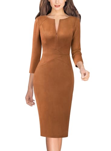Image of VFSHOW Womens Work Business Office Zipper Up Slim Bodycon Sheath Dress | 3 /4 Sleeve, Crew Neck, Front Zipper, Crisscross Waist, Church Spring Fall Pencil Dress