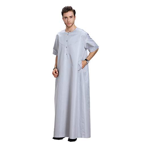 Men Arabic Short Sleeve Pure Color Thobe Crew Neck Kaftan Robe with Button for Summer