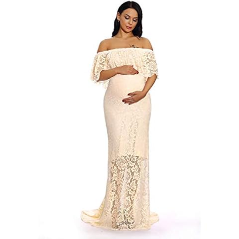ZIUMUDY Women's Off Shoulder Ruffles Lace Maternity Gown Maxi Photography Baby Shower Dress (XX-Large, Beige) Cover