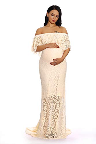 ZIUMUDY Women's Off Shoulder Ruffles Lace Maternity Gown Maxi Photography Baby Shower Dress (Small, Beige) at Amazon Women's Clothing store ZIUMUDY Women's Off Shoulder Ruffles Lace Maternity Gown Maxi Photography Baby Shower Dress (Small, Beige) at Amazon Women's Clothing store