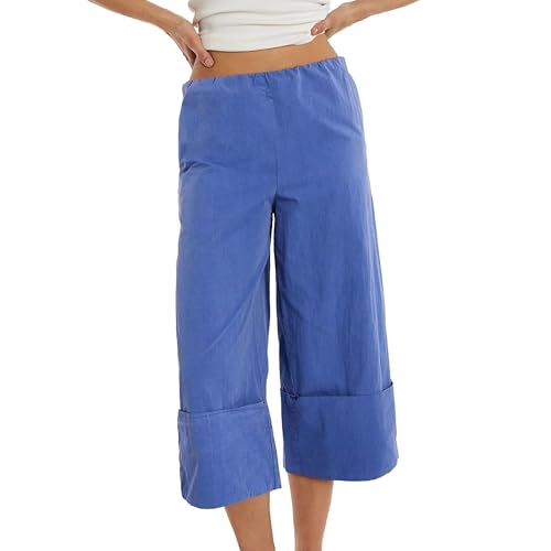 Songling Womens Capri Pants Loose Fit Mid Rise Wide Leg Croped Cuff Pants Casual Palazzo Trousers with Pockets