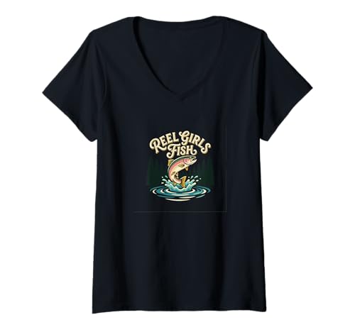 Mujer Pescador de lubina de Reel Girls Camiseta Cuello V