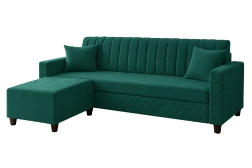 Image of 3 Seater Velvet Sofa with Ottoman | Modern Upholstered Couch | Quilted Design | Soft Comfortable Seating | Sturdy Wooden Frame | Living Room, Office- Green