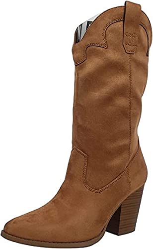 Women's Cowboy Mid Calf Block Heel Slip On Boots By Soda Akito-S L-Coffee Suede 6 #TOP16