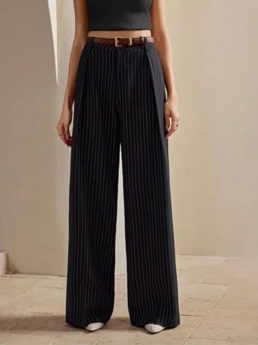 Image of KOTTY Women's Tailored Wide Leg Pinstripe Pants - High Waisted Straight Fit Work Trousers with Pockets, Elegant Office & Business Casual Wear
