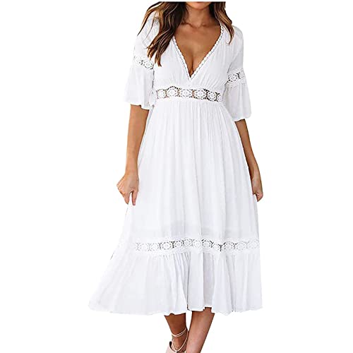 Ansenesna Kleid Damen Boho Sommer Kurz Locker Alltag Mini Sommerkleider Spitze Strandkleid Mit 3/4 Ärmeln Weiß (L, Weiss)
