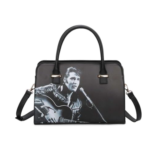 Pluspup Ladies Elvis Print PU Leather Small Tote Hobo Handbag Shoulder Bag with Crossbody Strap For Women - E3-BK
