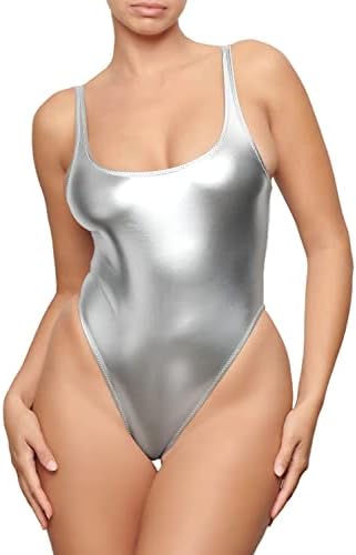 Metallic Swimwear for Women, Retro 70s One Piece Shiny Bathing Suit High Cut Rave Wear Disco Bodysuit(T043,Silver,L)
