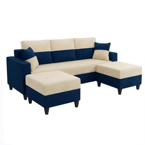 Image of Cavo 5 Seater L Shape Sofa Set with 2 Movable Ottomans | Flexible Layout | Luxury Velvet Suede Fabric | Modern Living Room Sofa | Dark Blue-Cream