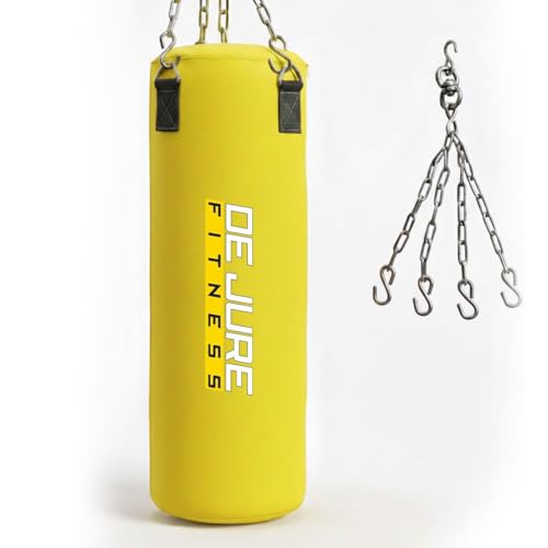 Image of De Jure Fitness Heavy Duty Punching Bag with Rust-Proof Stainless Steel Hanging Chain | Durable Polyester Fabric | Comfortable Recycled Filling | Boxing MMA, Kickboxing (Polyester-Filled-Yellow, 3 Ft)