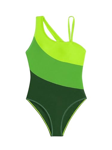 MakeMeChic Girl's Color Block One Piece Swimsuit Asymmetrical Neck One Shoulder Tummy Control Bathing Suit