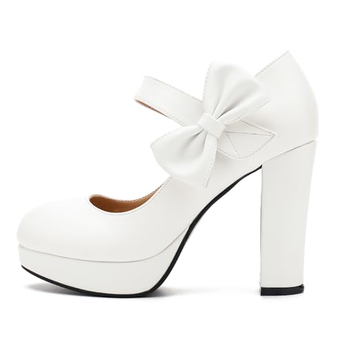 Image of MAIERNISI JESSI Women's Platform Mary Jane Pumps with Bow, 3.94 Inch Block Heel Dress Shoes