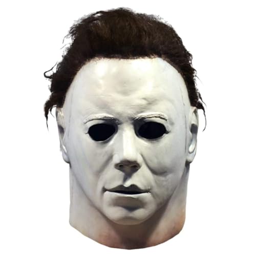 VitalBloom Halloween Horror Mask Deluxe White Latex Full Head Mask with Black Hair Costume Accessory