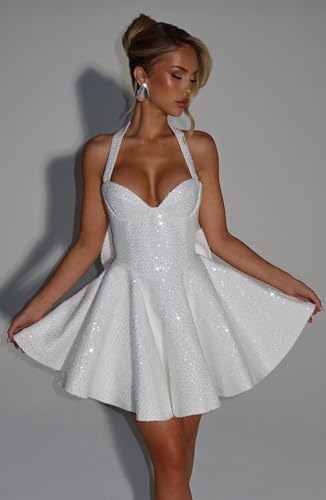 Sequin Homecoming Dress with Bow Halter Short Cocktail Party Gowns for Teens A Line Corset Formal Dress4