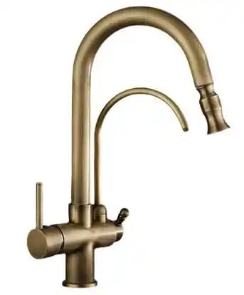Antique Two Pipes Pull Out Deck Mount Basin Faucet Purified Water Mixer tap Copper Finish Bathroom Sink Hot Cold Water