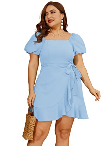 Image of Sampeel Womens Summer Dresses Square Neck Puff Sleeve Tie Waist Short Dress