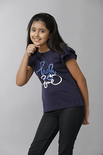 Image of Under Fourteen Only Girls Cotton Round Neck Full Sleeve Crop Top T-Shirt | Soft Jersey Fabric with Big Graphic Print | Stylish & Comfortable Casual Wear | Neavy (10-11 Years)