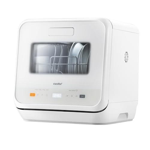 COMFEE’ Mini Lavastoviglie CDWMTO201D(W) Piccola lavastoviglie da tavolo con serbatoio dell’acqua integrato da 5 l, lavaggio a vapore, stoccaggio ventilato, classe energetica D – Bianco