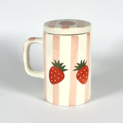 Image of SNS Handmade Ceramic Tumbler Mug with Lid (Pack of 2) | Coffee, Tea, Iced Beverage & Juice Cup | Hot & Cold Drinkware | Aesthetic Designer Mug for Home, Office & Gifting (Strawberry Bliss Mug)