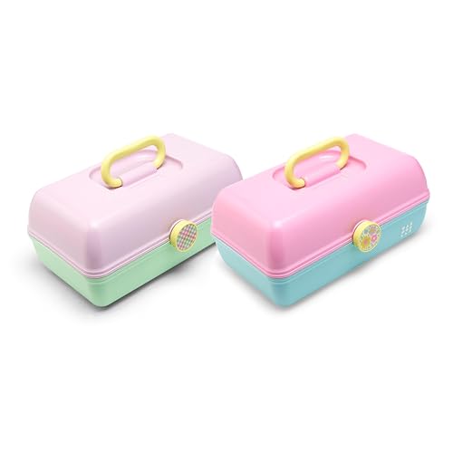 Image of Caboodles On-The-Go Girl Makeup Storage Box 2-Pack, Two-Tone Pink /Light Blue and Lavender /Light Green, Hard Plastic Makeup Organizer Box, Built-In Mirror, Secure Latch for Safe Travel