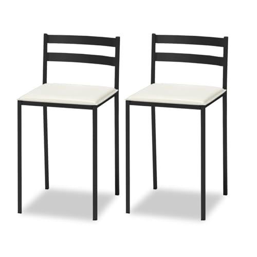 ASTIMESA 2 Taburetes de Cocina con Respaldo bajo, Franjas horizontales y Asiento tapizado - Estructura Color Negro - Asiento en Polipiel Blanco