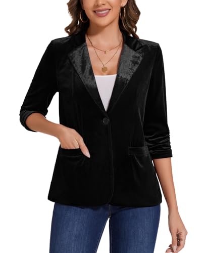 MINTLIMIT Women's Velvet Blazer Ruched 3/4 Sleeve Jacket Notch Lapel Button Open Front Casual Blazers with Pockets2