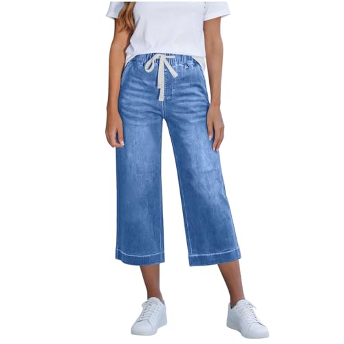 Image of AMDOLE Cropped Jeans for Women UK Summer High Waisted Drawstring Stretch Cropped Jeans Pull On Straight Wide Leg Tummy Control Denim Pants with Pockets Ladies Capri Pants Light Blue L