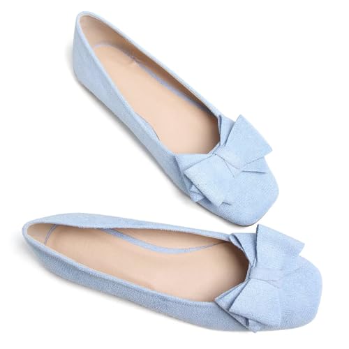 WENJIAZHIZHI Bowknot Ballet Flats Womens Square Toe Bowtie Flat Shoes Suede Dress Shoes Wear to Work Slip On Moccasins2