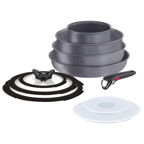 Lagostina Ingenio Mineralis Eco Set Padelle Antiaderenti in Alluminio 100% Riciclato, Adatto all’Induzione, 10 Pezzi, Casseruola 16cm, Padella 28cm, Tegame 24cm, Wok 26cm, 5 Coperchi e Manico