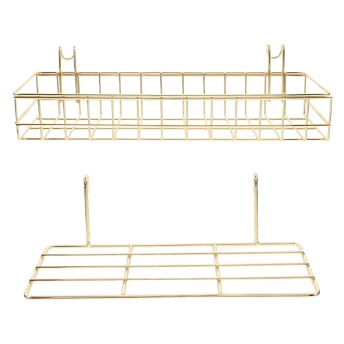 Ciieeo Estantería Colgante de Pared Dorada 2 Piezas Panel de Rejilla y Cesta Pequeña Metálica, Organizador de Pared para Oficina y Hogar, Accesorios para Colgar y Exhibir Artículos