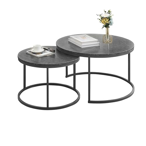 Table Basse Salon Ronde avec Aspect béton, Coffee Table avec Cadre Gris, Table Basse Moderne, Ensemble de 2 pièces pour Table Gigogne Ronde