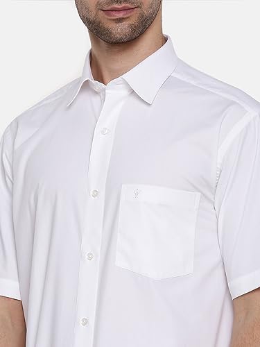 Image of RAMRAJ COTTON Mens Solid Regular Fit Half Sleeve Ethnic White Cotton Shirt