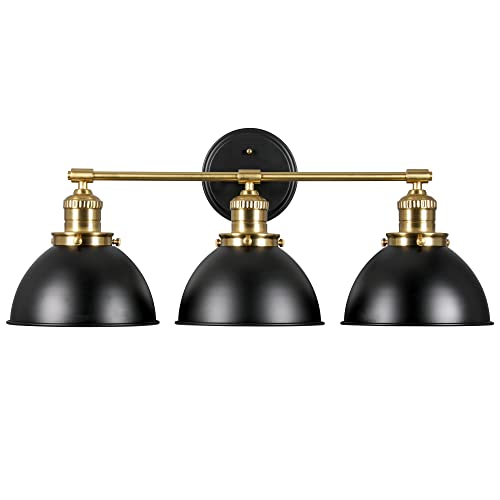 Image of Design House Savannah Rustic Farmhouse 3-Light Bathroom Vanity Light, Dimmable, Satin Gold, Matte Black Metal Shade, 26 in x 9 in x 10.88 in, 588301-BGD