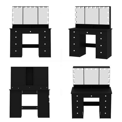 ROMSHINE Large Vanity Desk with Trifold Mirrors & Hollywood Bulbs, 43.3" W Makeup Vanity Desk with LED Lights in 3 Color Modes & Brightness Adjustable, Makeup Desk with 9 Drawers for Storage, Black