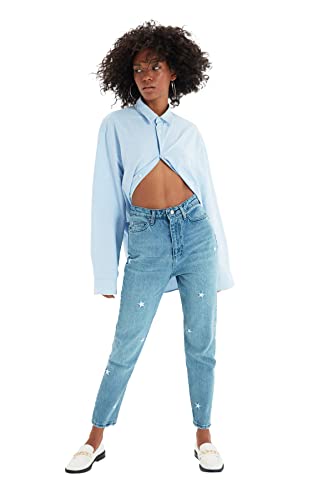 TRENDYOL Damen Blue Star broderi broderet høj talje Momerjeans Jeans,...