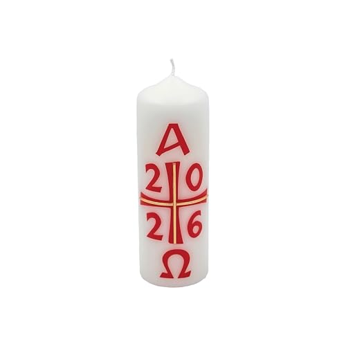 Osterkerze 150 x 50 mm mit Jahreszahl 2026 Kreuz Alpha-Omega