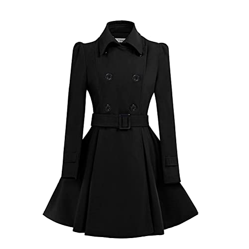 ForeMode Women Swing Double Breasted Wool Pea Coat with Belt Buckle Spring Mid-Long Long Sleeve Lapel Dresses Outwear (XX-Large, Black5)