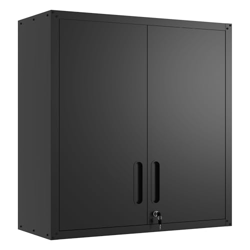 Wall-Mounted Metal Garage Storage Cabinet, Lockable Floating Tool Cabinet | with Doors and Adjustable Shelf, Steel Wall Cabinet for Garage Basement Utility Room, Assembly Required