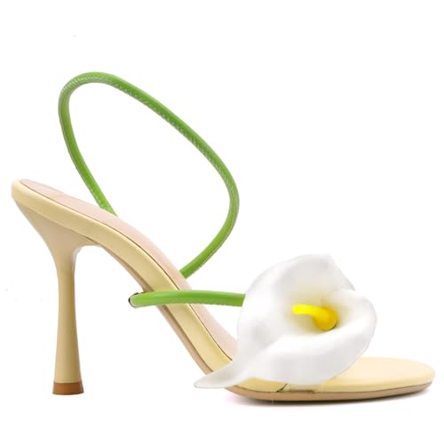 Image of Flower High Heels for Women Calla Lily Open Toe Floral Stilettos Heels Sexy Strappy Heeled Sandals Wedding Birthday Dressy