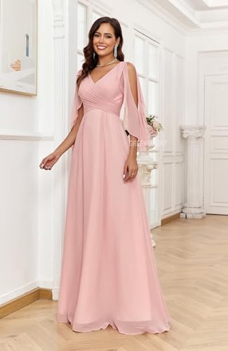 Cold Shoulder Bridesmaid Dresses with Sleeves for Women V Neck Chiffon A Line Pleated Formal Evening Gown3
