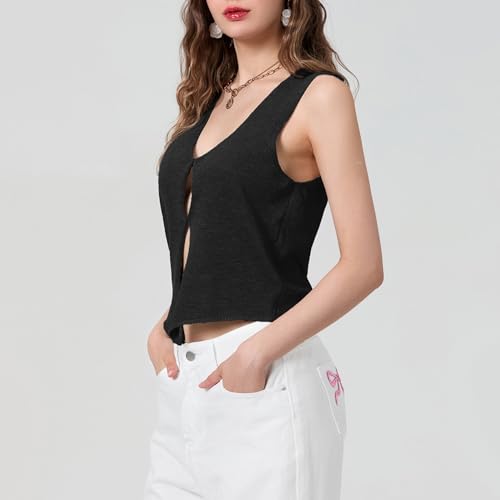 Image of Crochet Knitted Vest for Women Vintage Y2K Hollow Out Button Down Cardigan Retro Crochet Knit Tank Vest